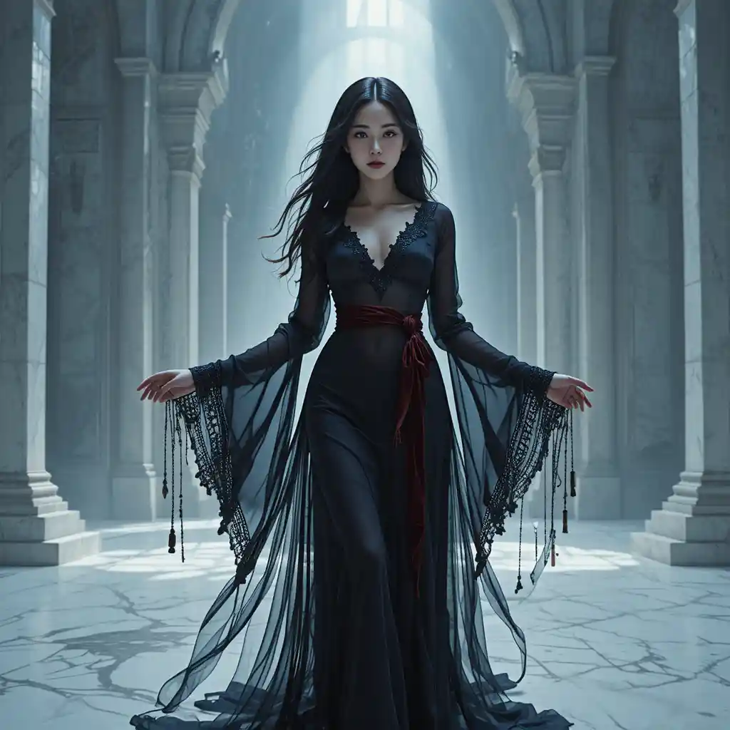 Korean sorceress in a black chiffon gown on marble