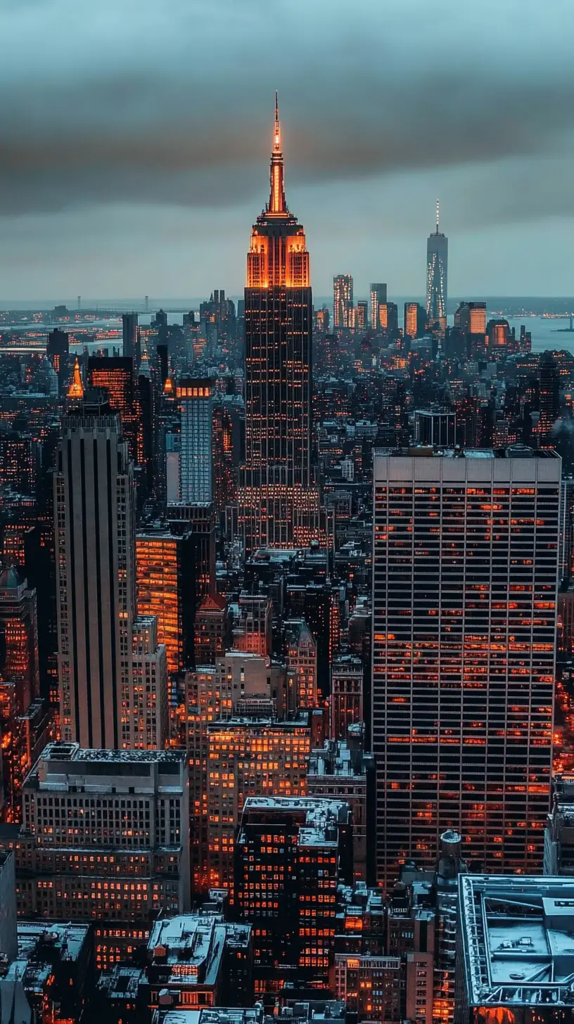 Horizonte de Nova York brilhando sob nuvens calmas do crepúsculo