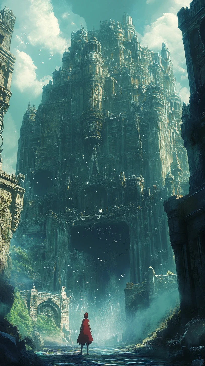 荒廃した幻想都市に現れる幽玄なアニメ風海の怪物