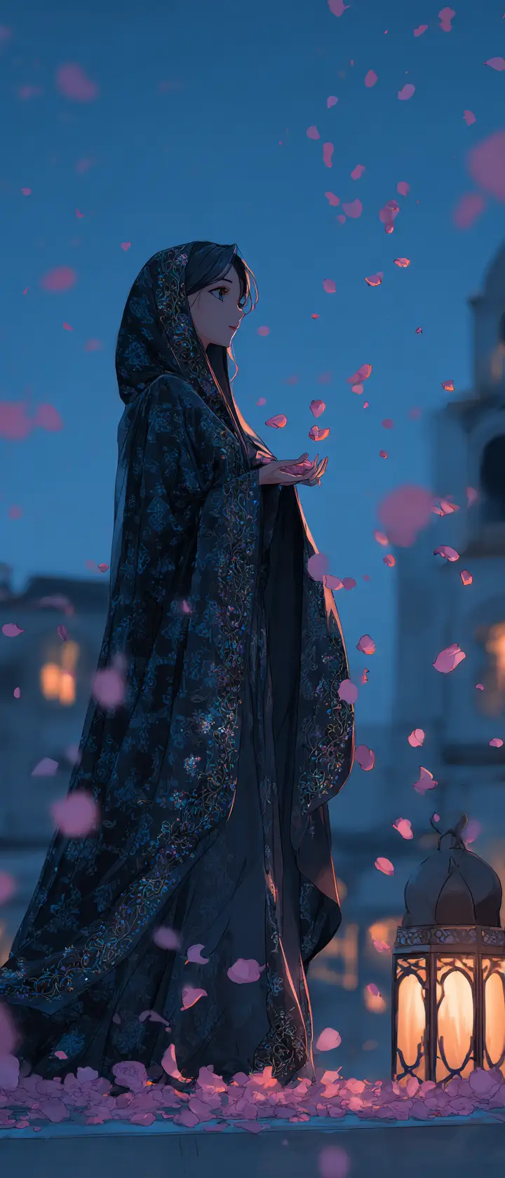 バラの花びらをまくダマスカスの屋上の若い女性