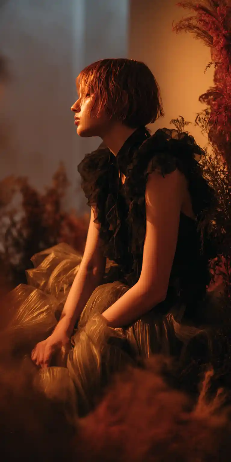 Donna fashion in installazione concettuale di studio angusto