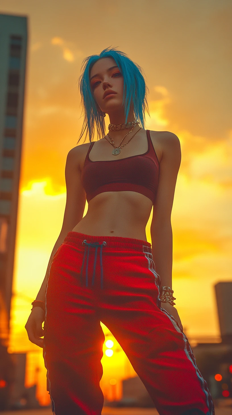 Mulher de cabelo azul em rua da cidade ao pôr do sol