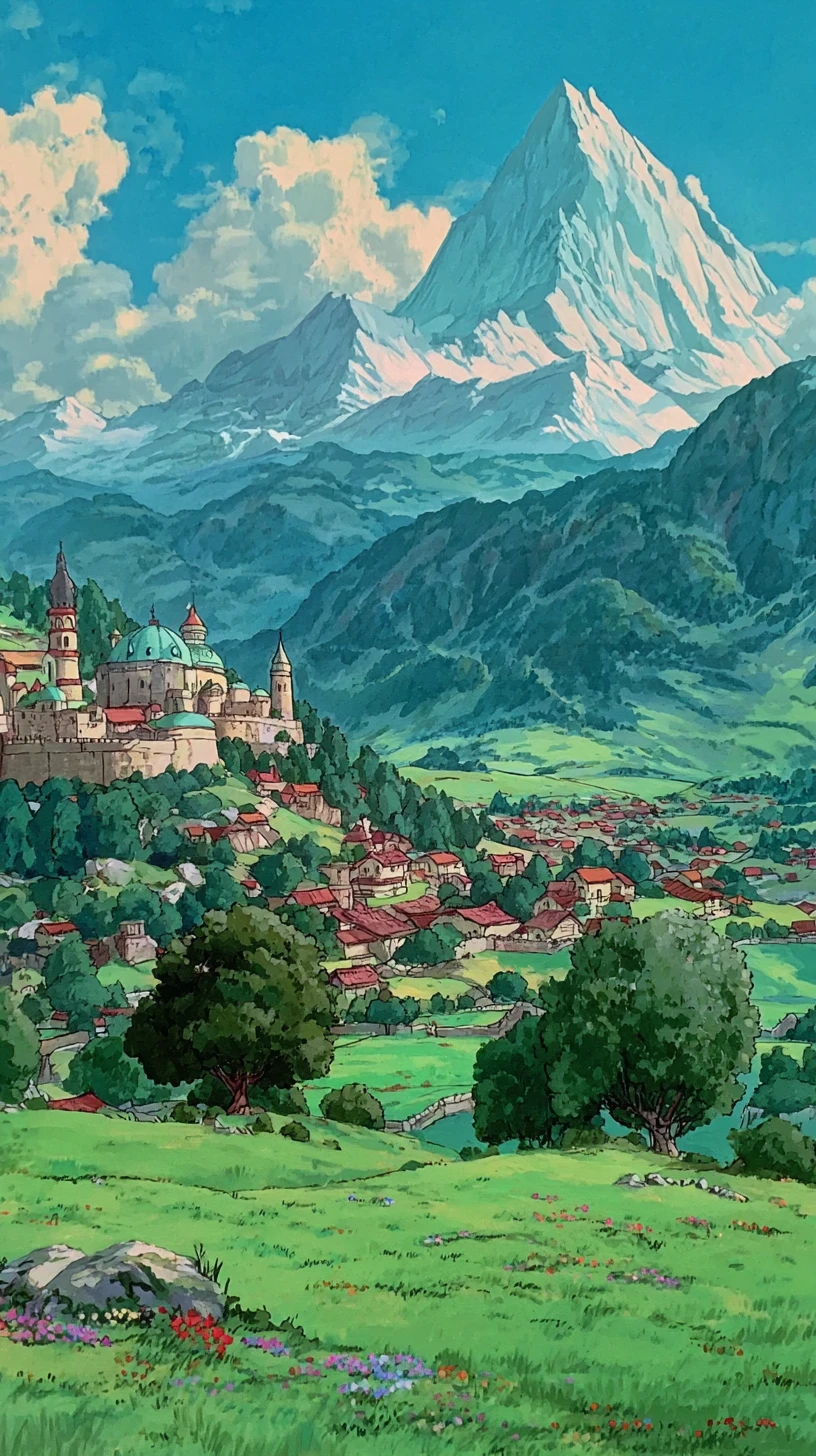 Aldea de fantasía medieval entre cálidas murallas y prados verdes