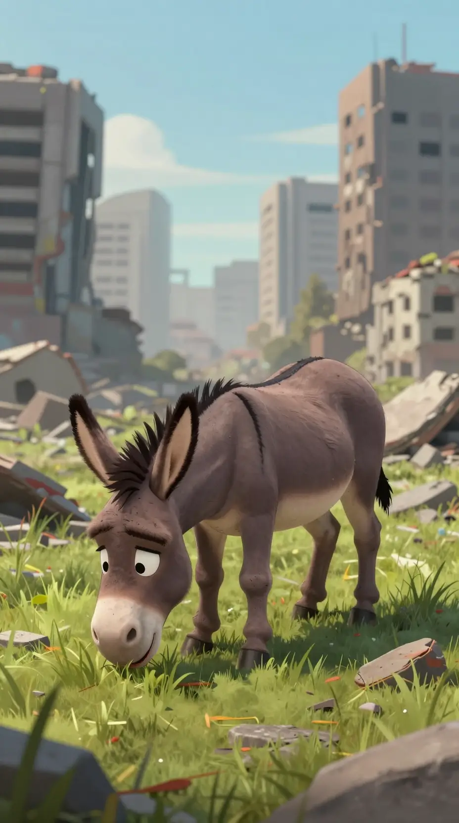 Cartoon donkey in ruined city grazing on overgrown grass