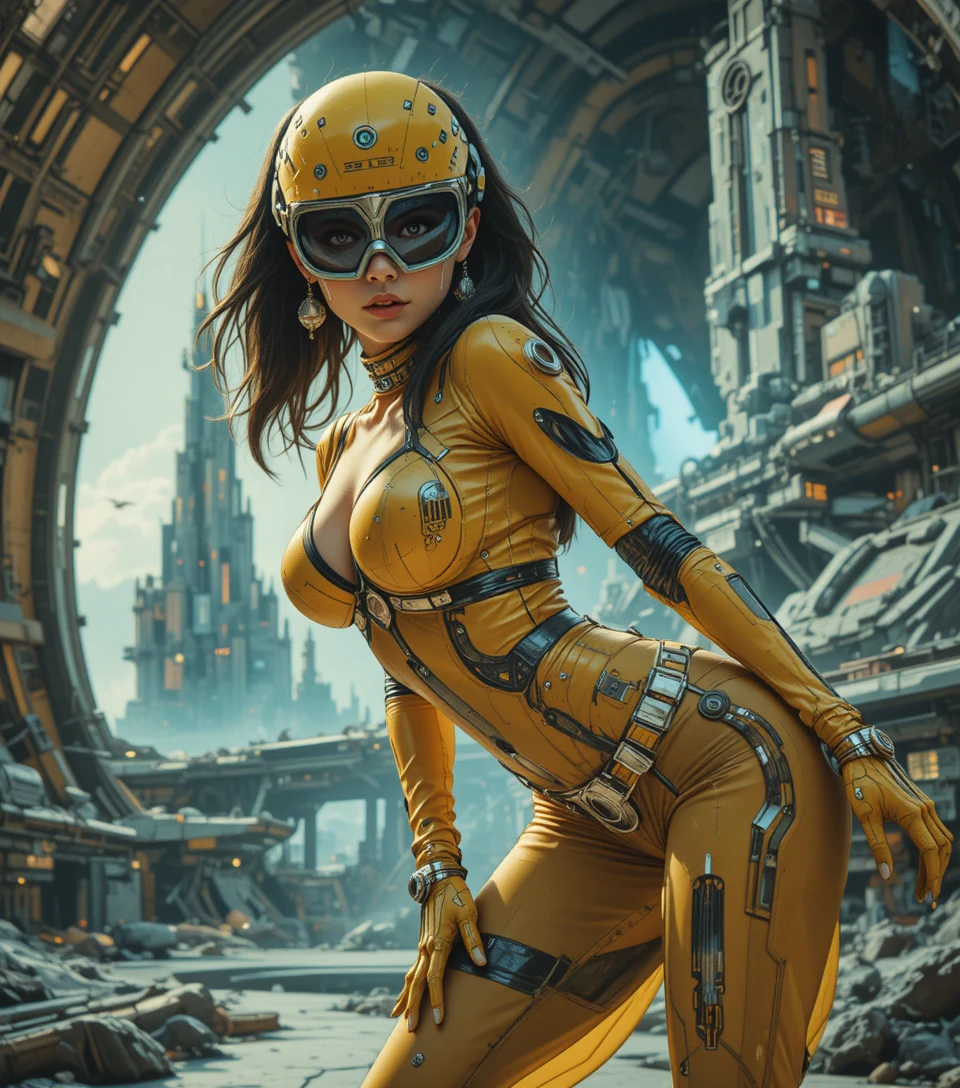 Mulher espacial retrofuturista em moda sci-fi metálica