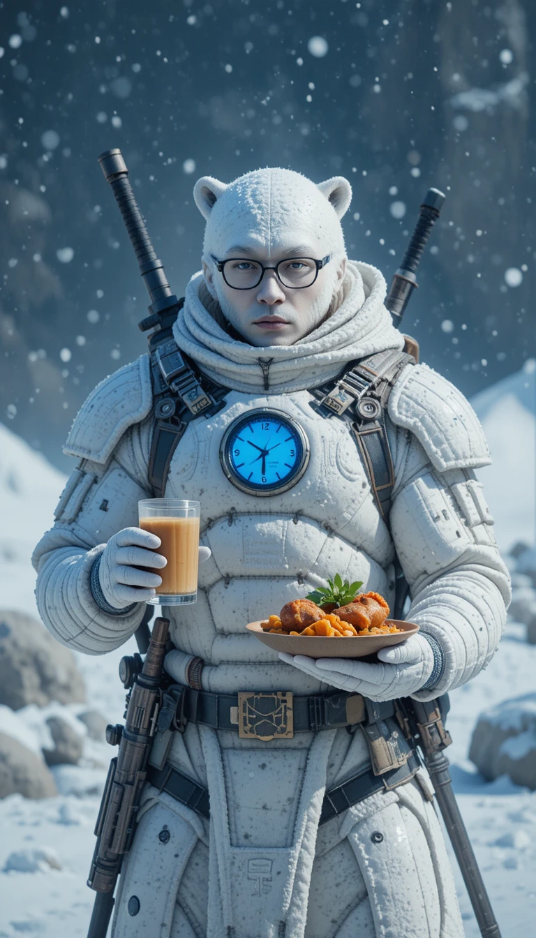 Gepanzerter Krieger in verschneiter Landschaft mit Latte und Bento