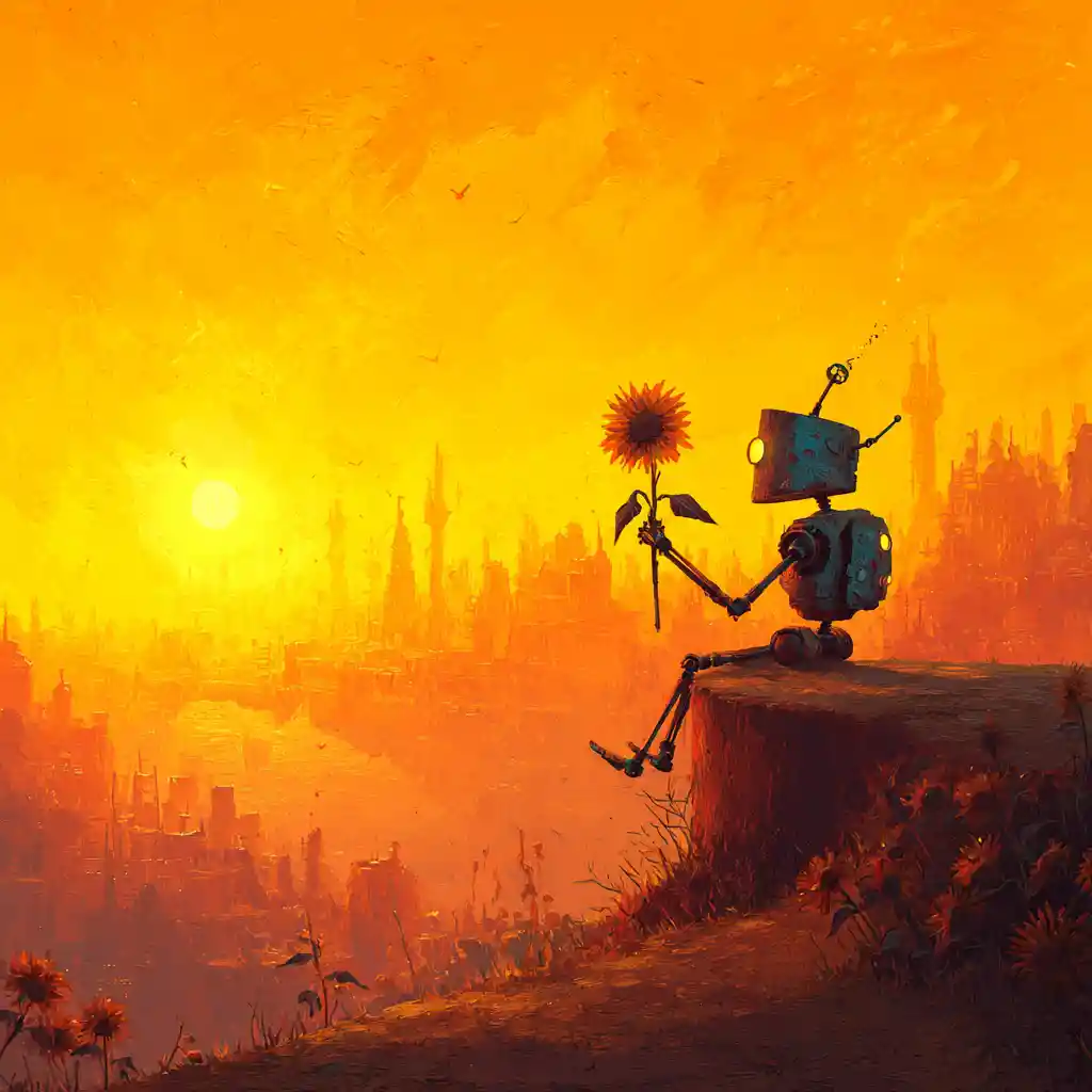 Robot cyberpunk con girasole all'ora d'oro