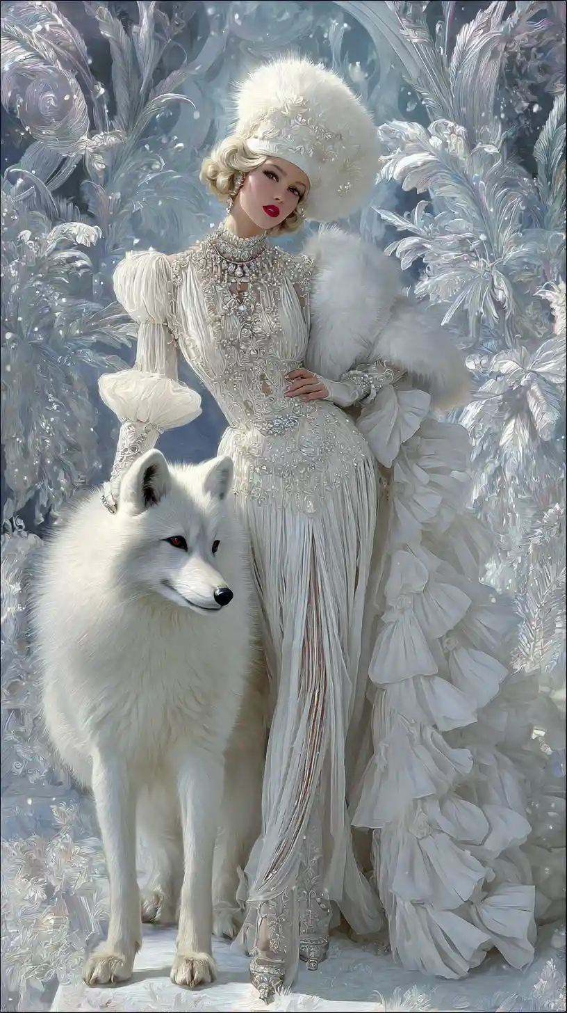 Vintage winter diva with polar fox in glamorous gown