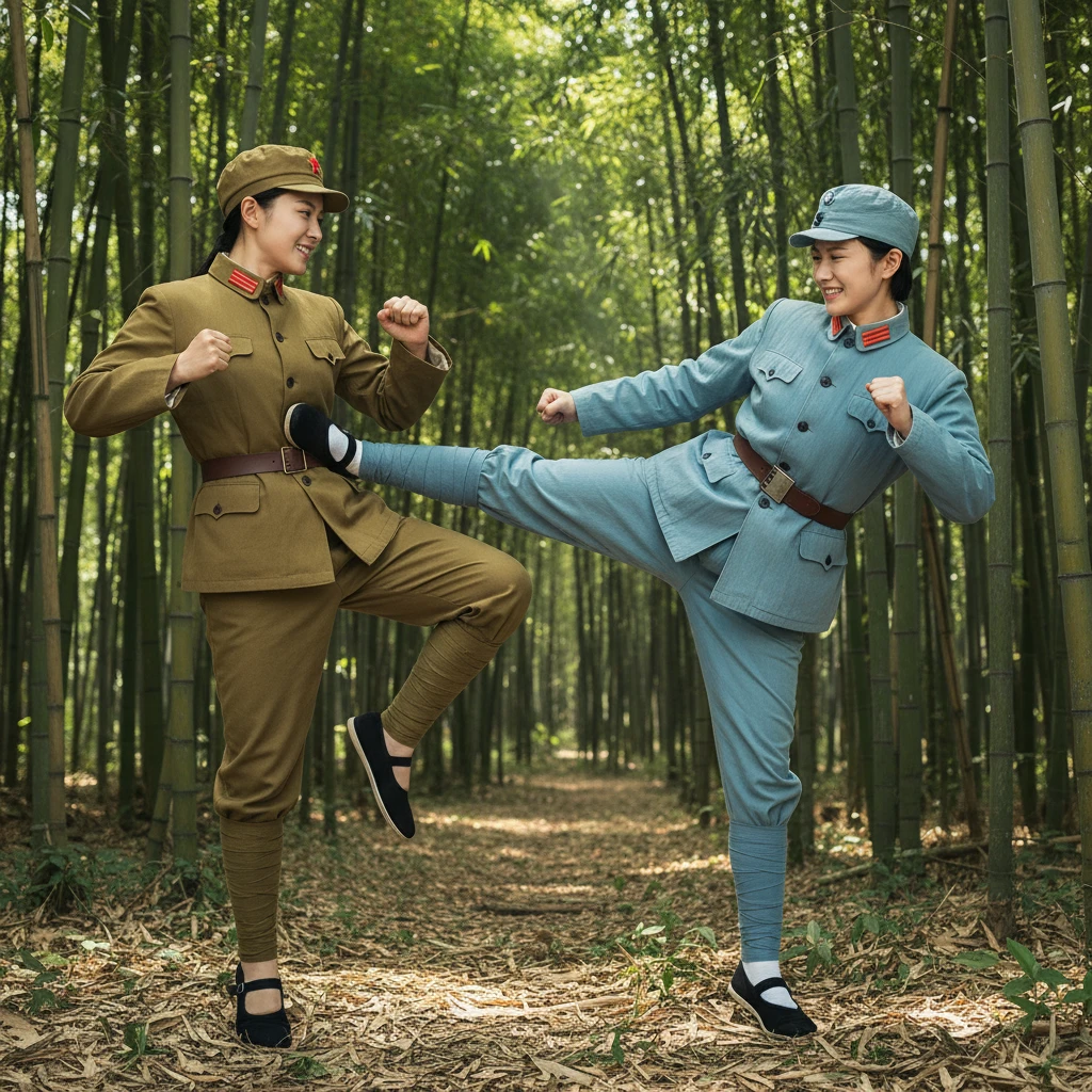 Sœurs chinoises s’entraînant aux arts martiaux dans une forêt de bambous
