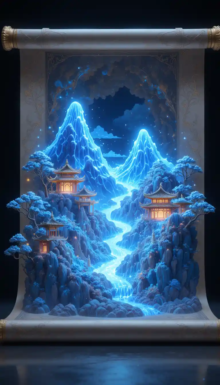 Glowing Chinese Silk Scroll Unfolding A Crystal Energy Landscape