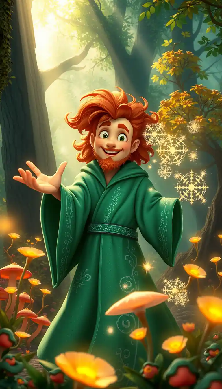 Whimsical wizard casting glowing spells in enchanted forest