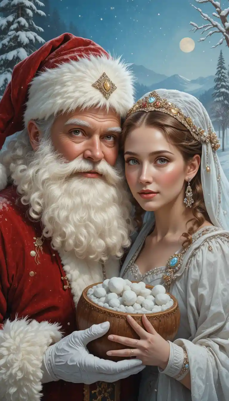 Oil portrait of Santa Claus and Snow Maiden in winter