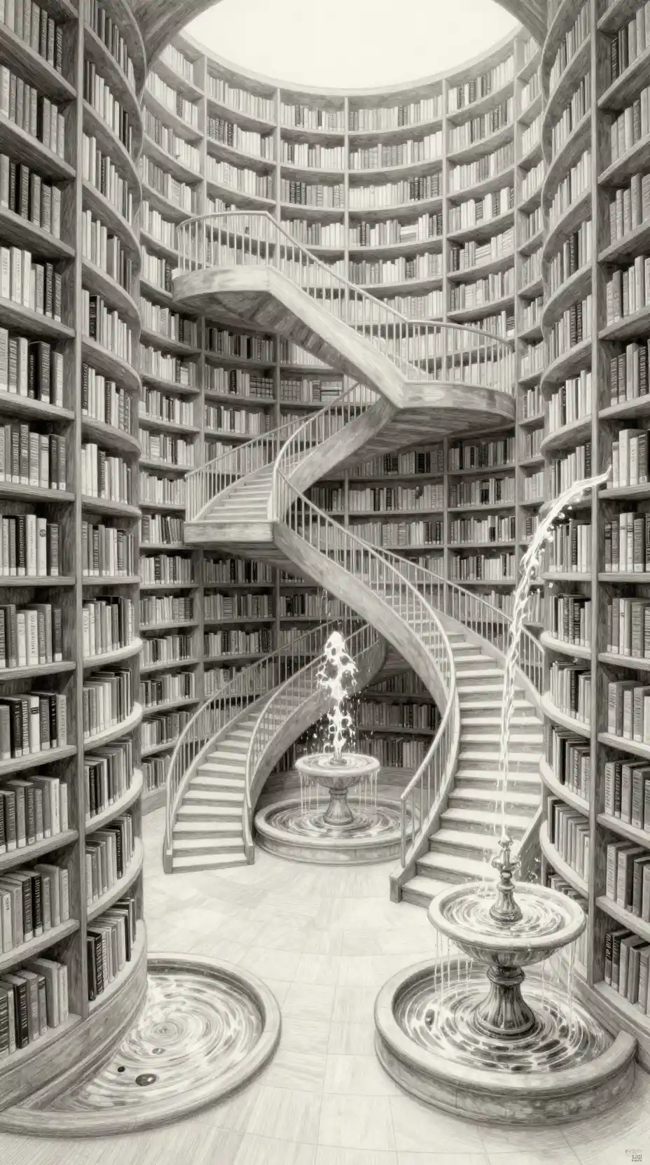 Biblioteca Infinita Surreal de Escadarias e Prateleiras Impossíveis