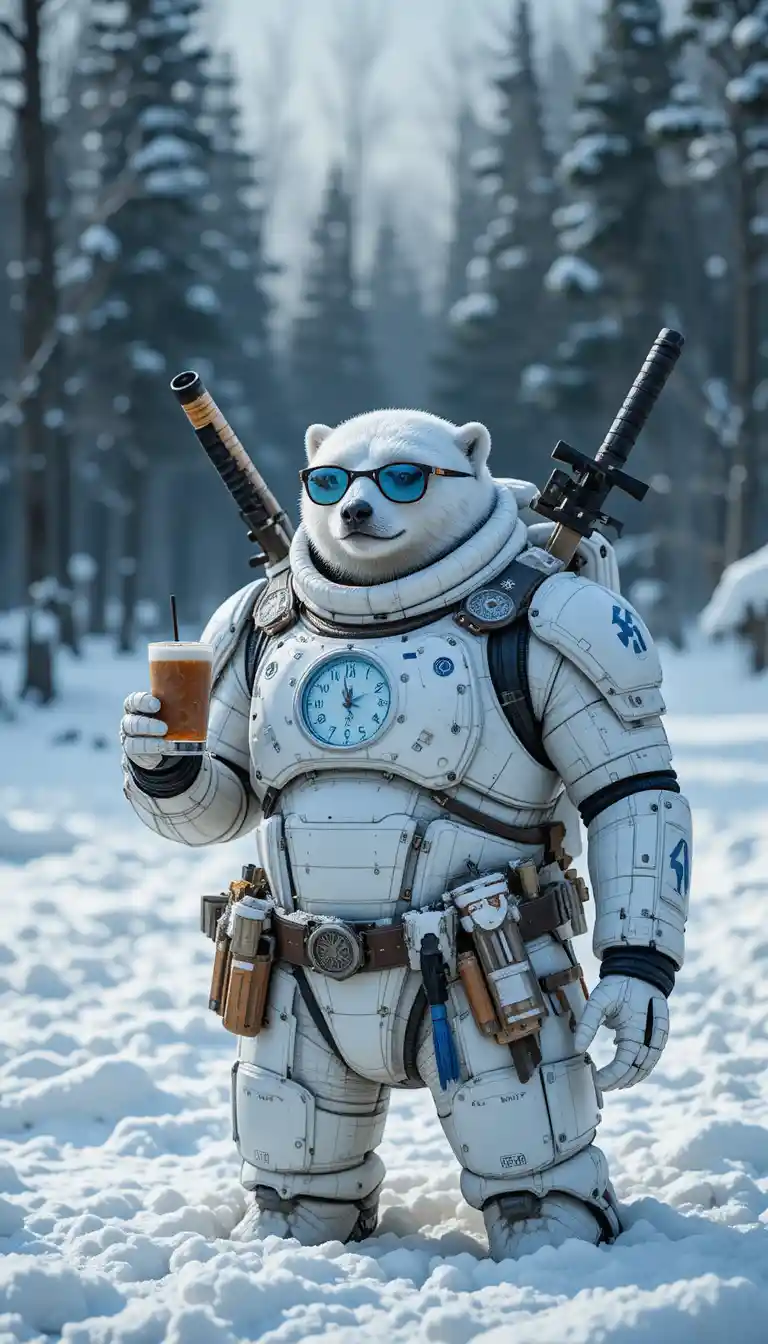 Carro polar em estilo cartoon em paisagem nevada com detalhes fofos
