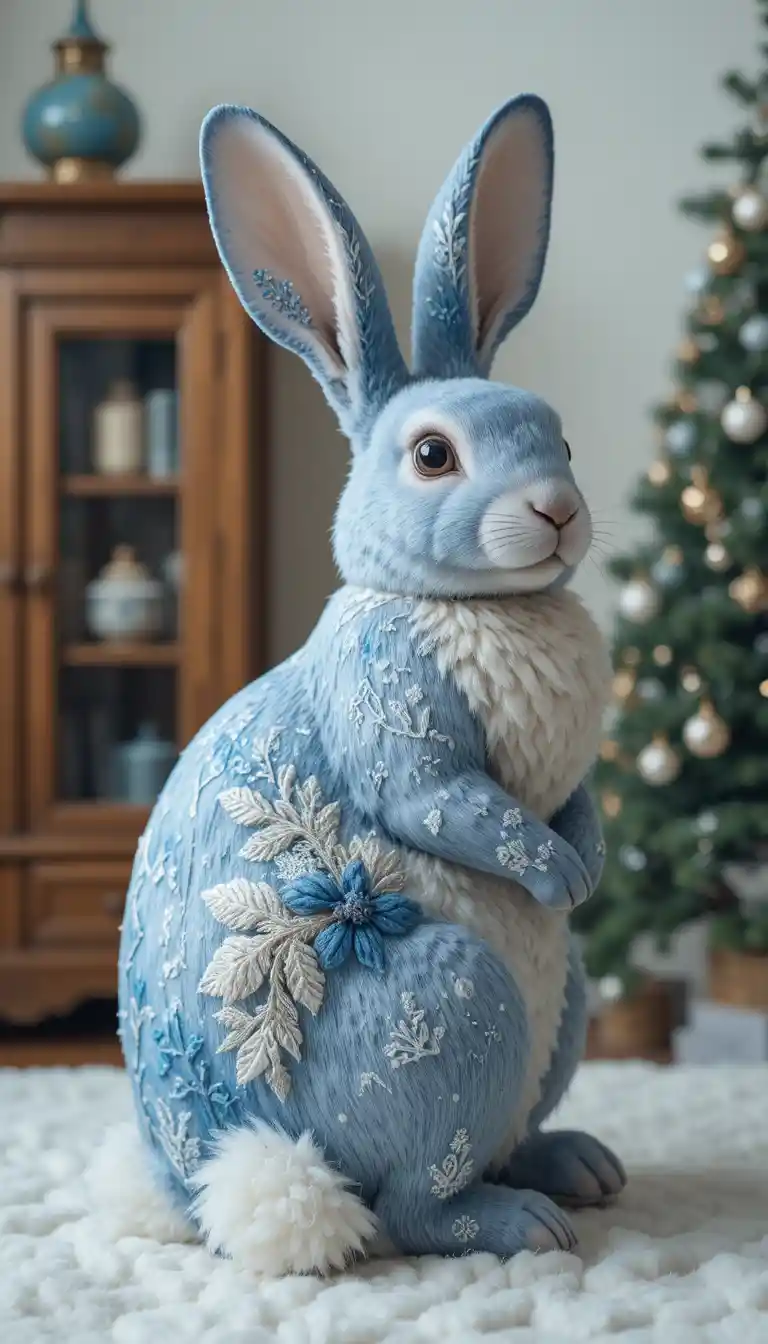 Decorative rabbit with frosty embroidery by a cozy Christmas tree