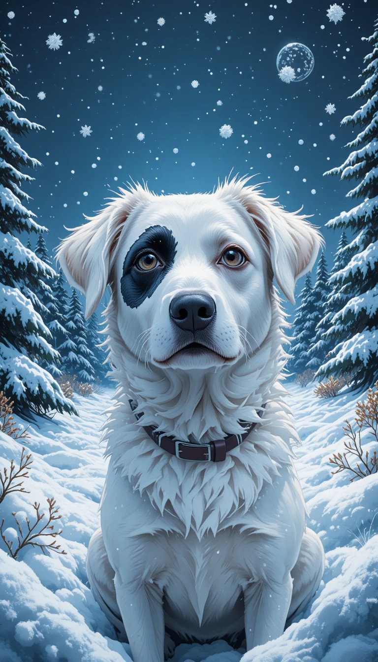White dog in a snowy forest under a starry night sky