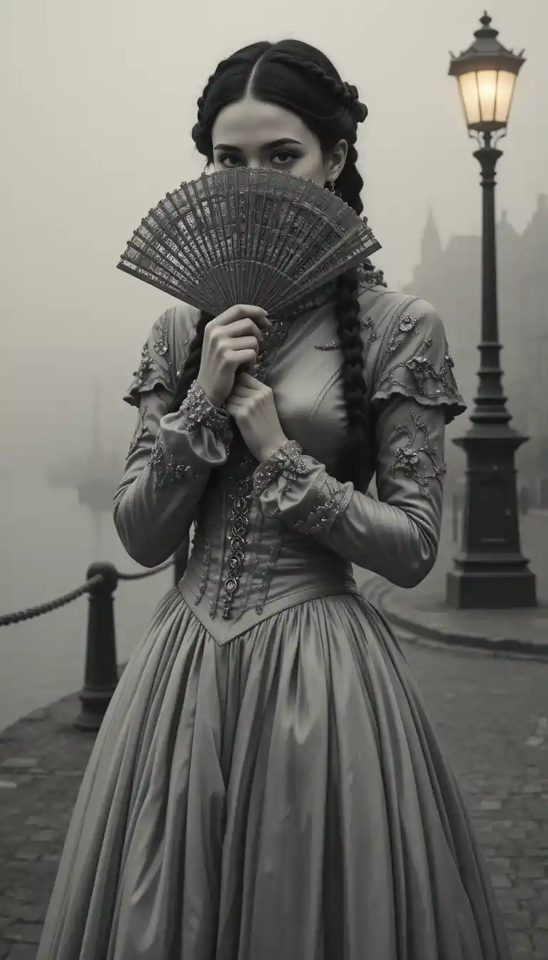Young victorian woman in gothic dress by foggy quayside