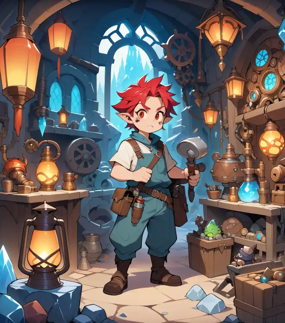 Curious rock gnome inventor in a cluttered stone workshop