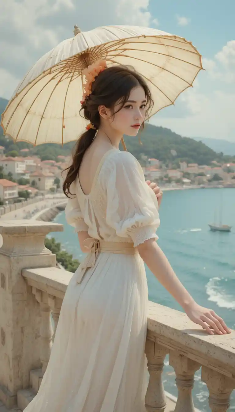 Young woman with parasol by a sunny seaside railing