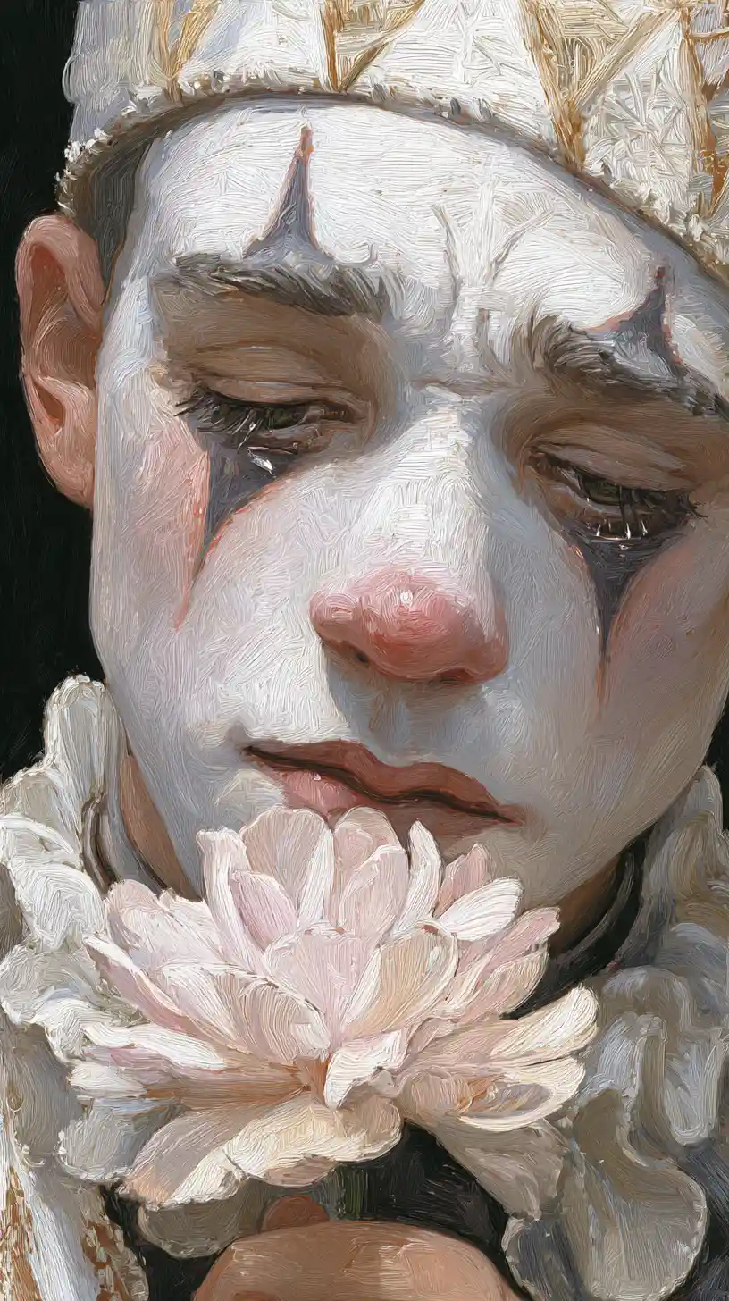 Pierrot melancólico segurando uma flor em tons pastéis no circo