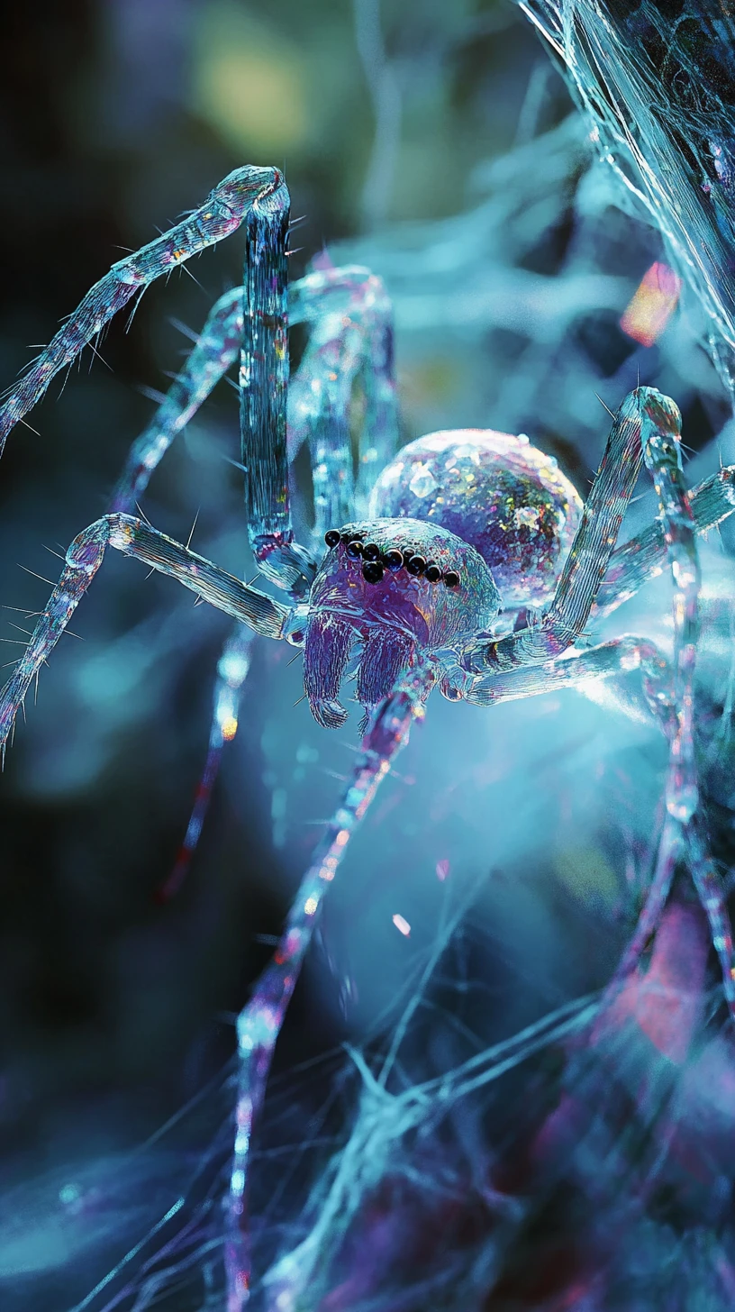 木の樹皮にとまる発光サイバネティックガラススパイダーのクローズアップ