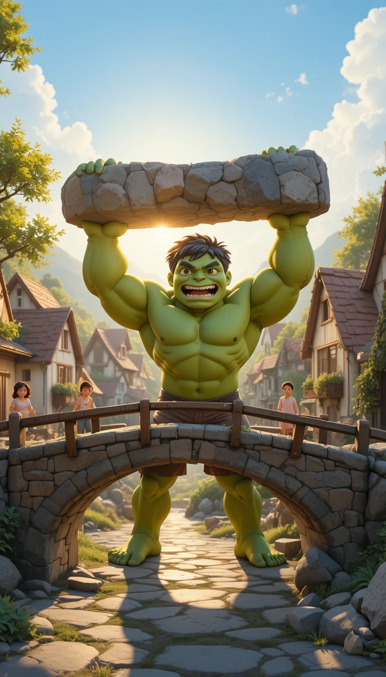 Eroe dei cartoni animati verde che solleva pietre su un ponte del villaggio