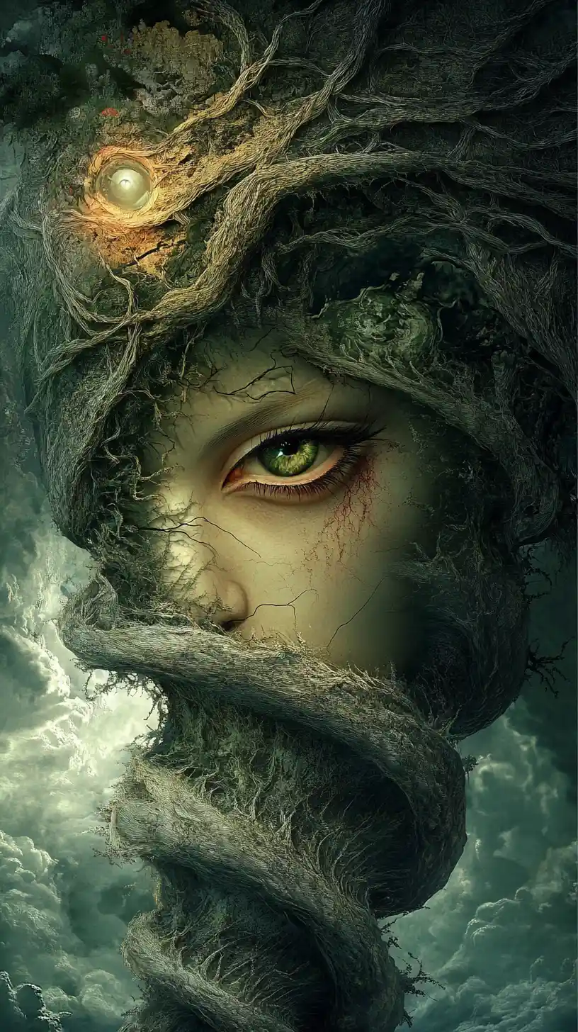 Tornado surreal con ojos penetrantes en un reino de fantasía oscura