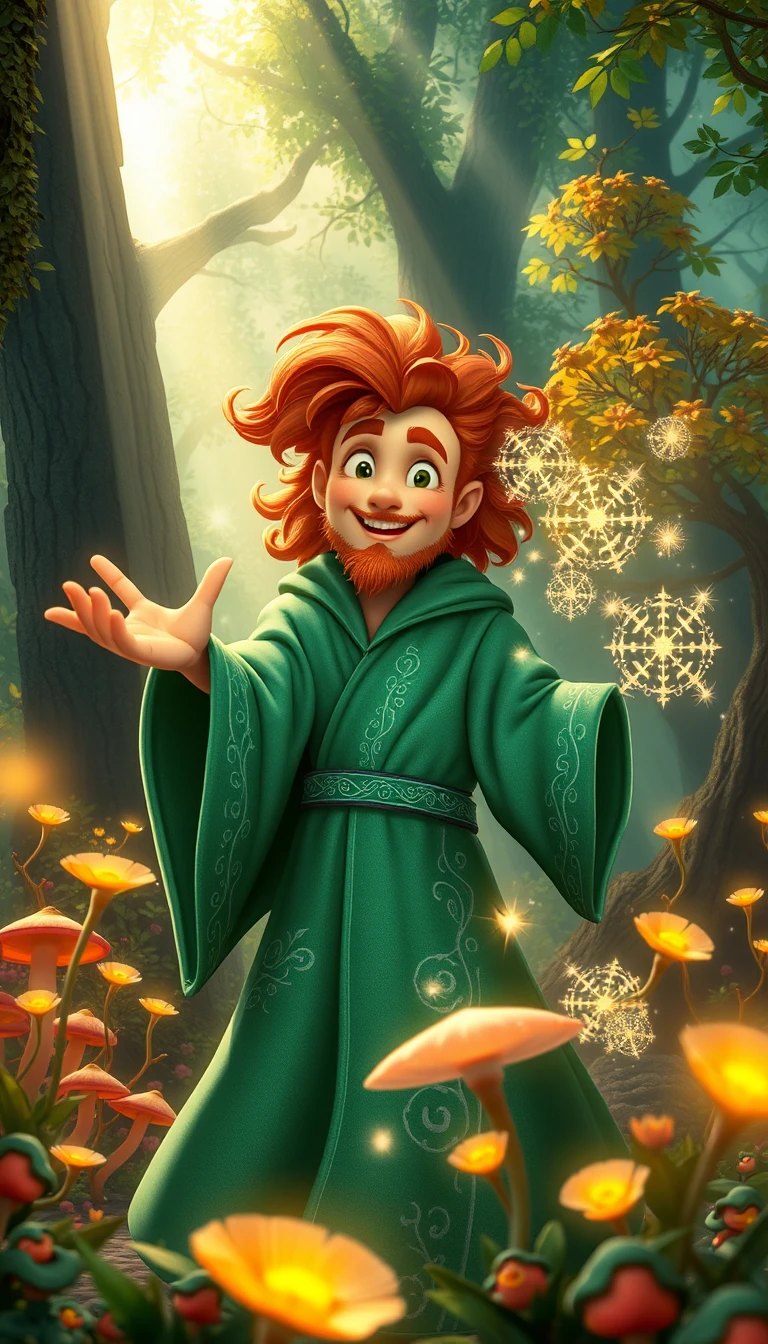 Mago fantasioso lançando feitiços brilhantes em floresta encantada