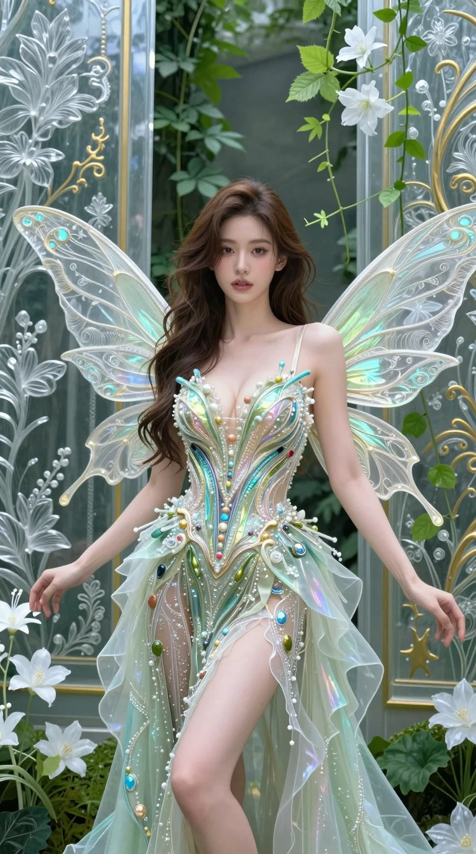 Elegantes Fantasy-Feenmädchen in einem leuchtenden Couture-Kleid