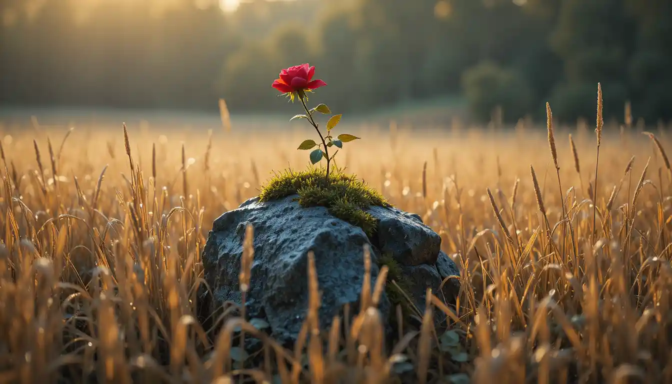Morning sun over a lone rock in a dewy grass field