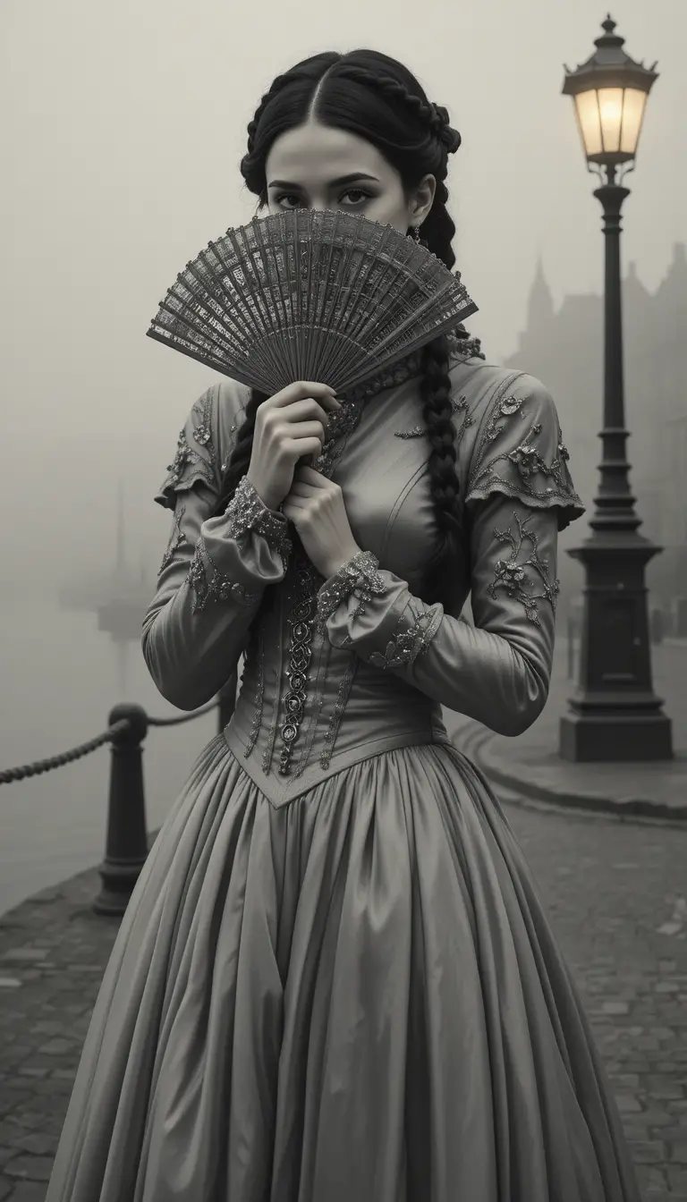 Young victorian woman in gothic dress by foggy quayside