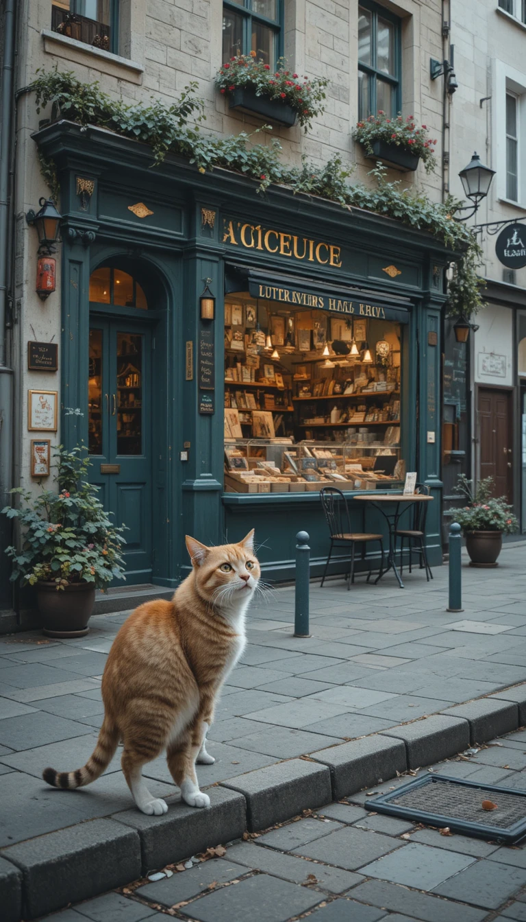 Gato faminto vagando por uma rua tranquila da cidade
