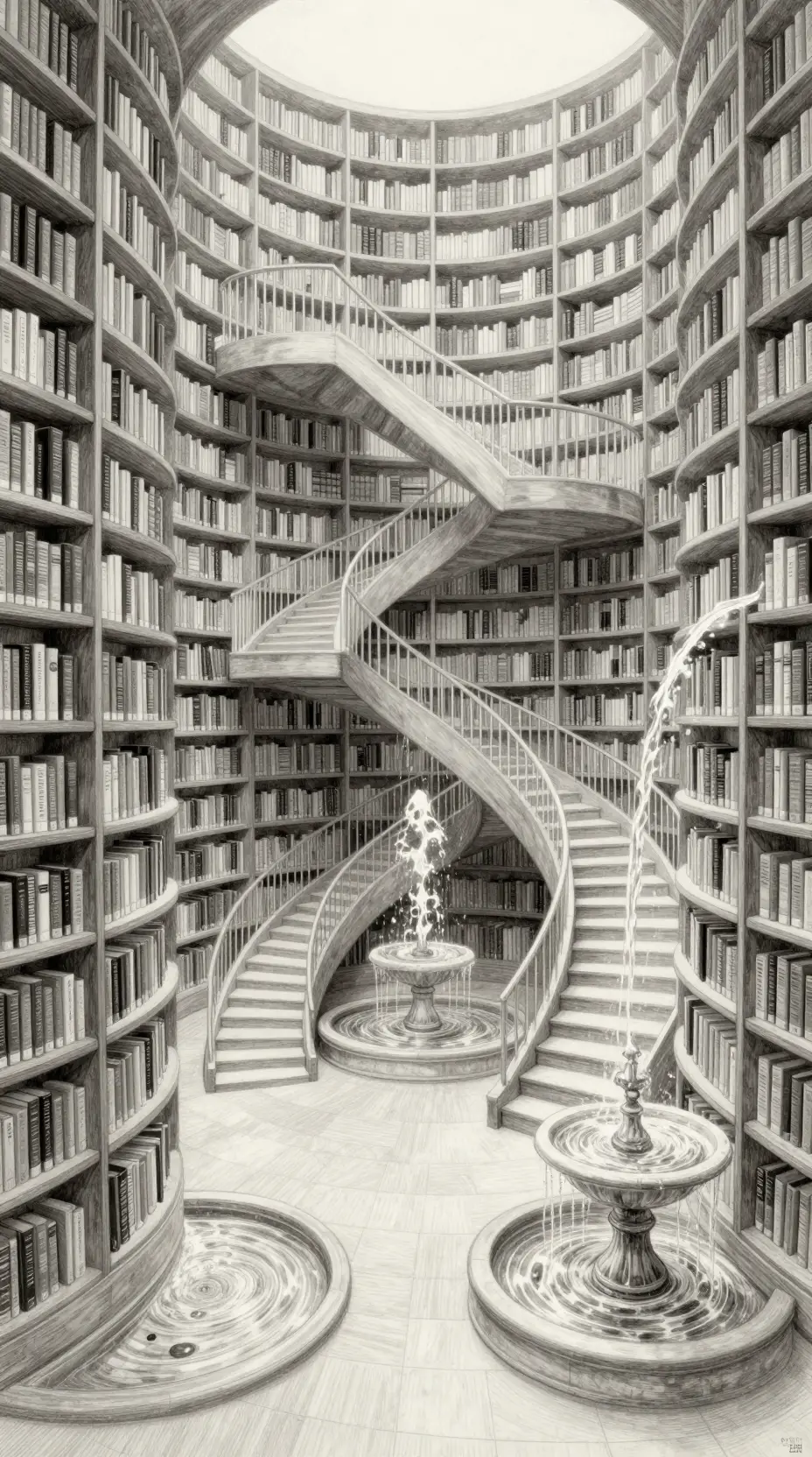 Biblioteca Infinita Surreal de Escadarias e Prateleiras Impossíveis