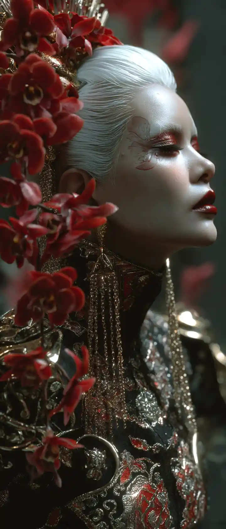 Dark fantasy portrait of woman in ornate black kimono