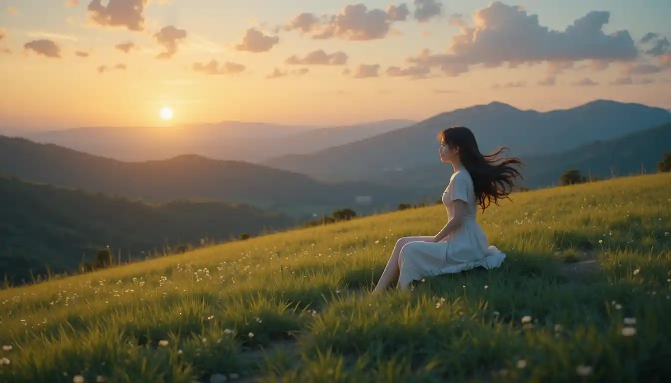 Anime girl on a windy hill at peaceful sunset