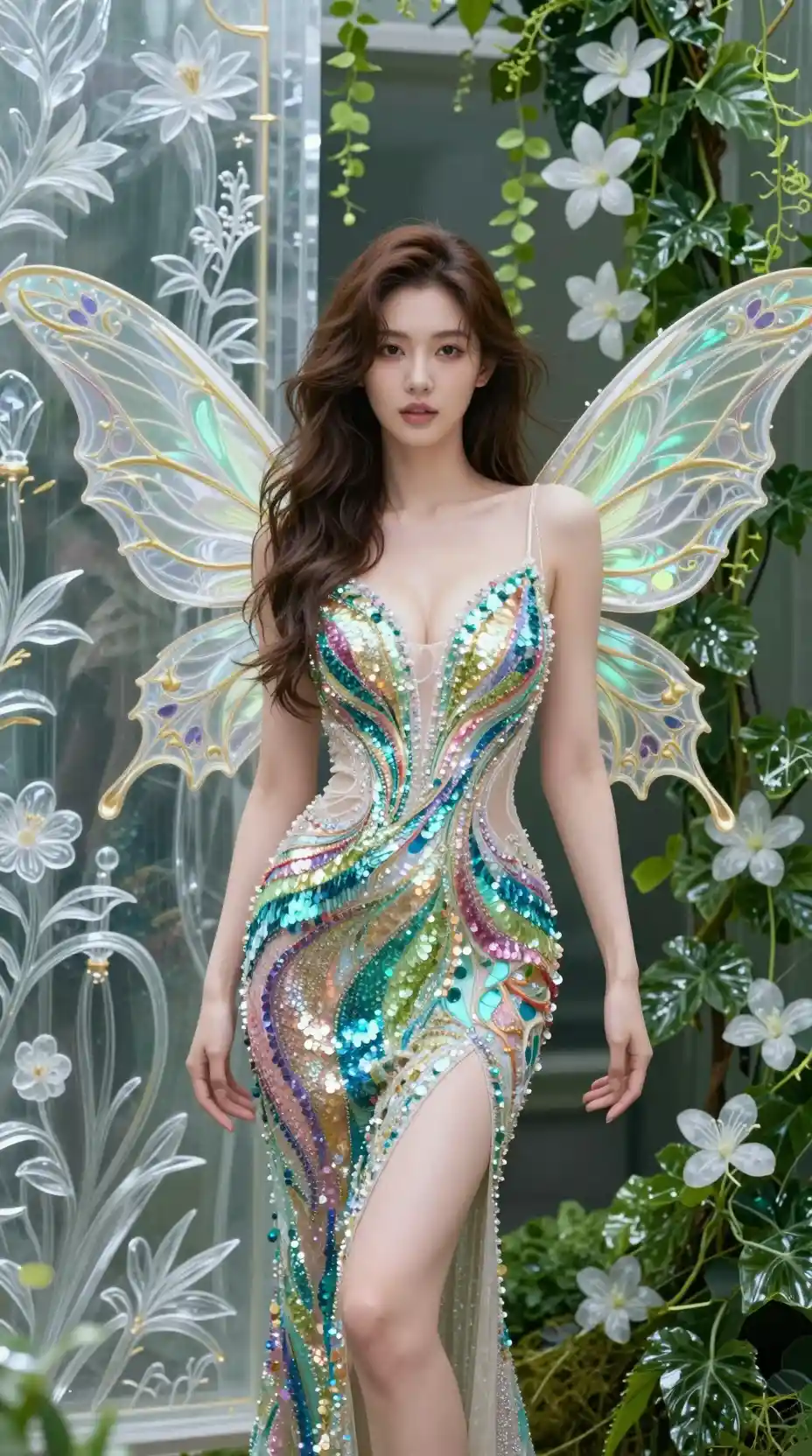 Alluring fairy girl in shimmering sequin ball gown