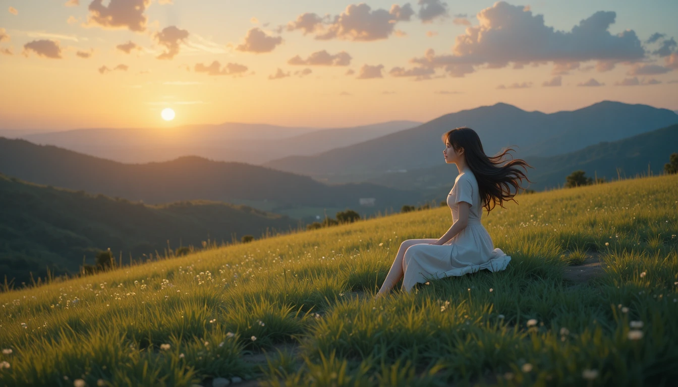 Ragazza anime su una collina ventosa al tramonto tranquillo