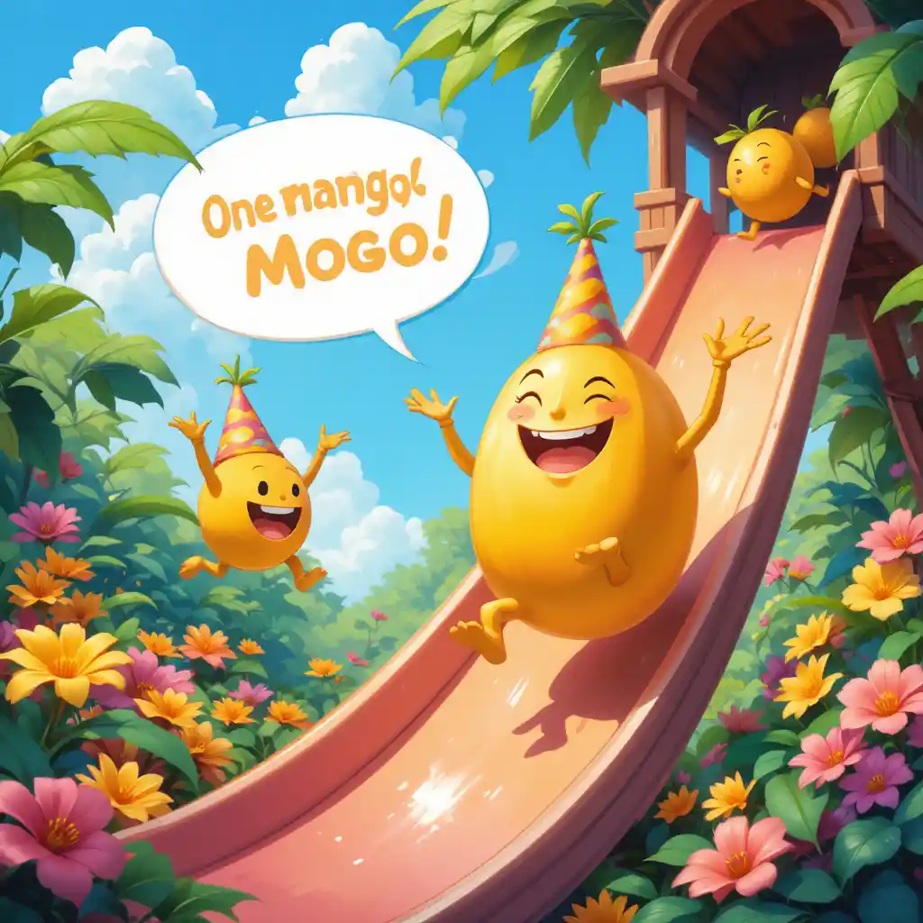 Smiling mango sliding among flowers under bright blue sky