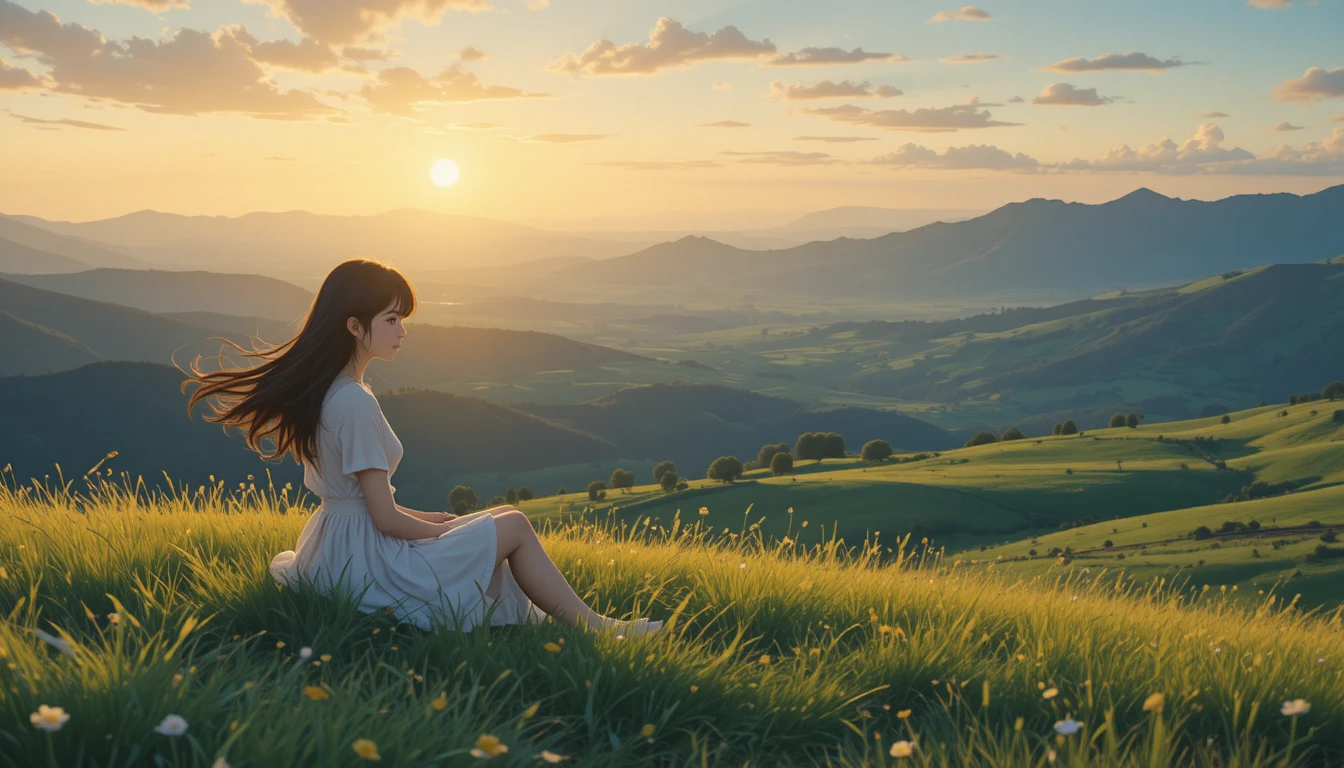 Ragazza anime su una collina erbosa al tramonto tranquillo