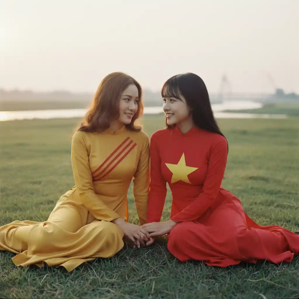 Two young Vietnamese sisters talking in a quiet field