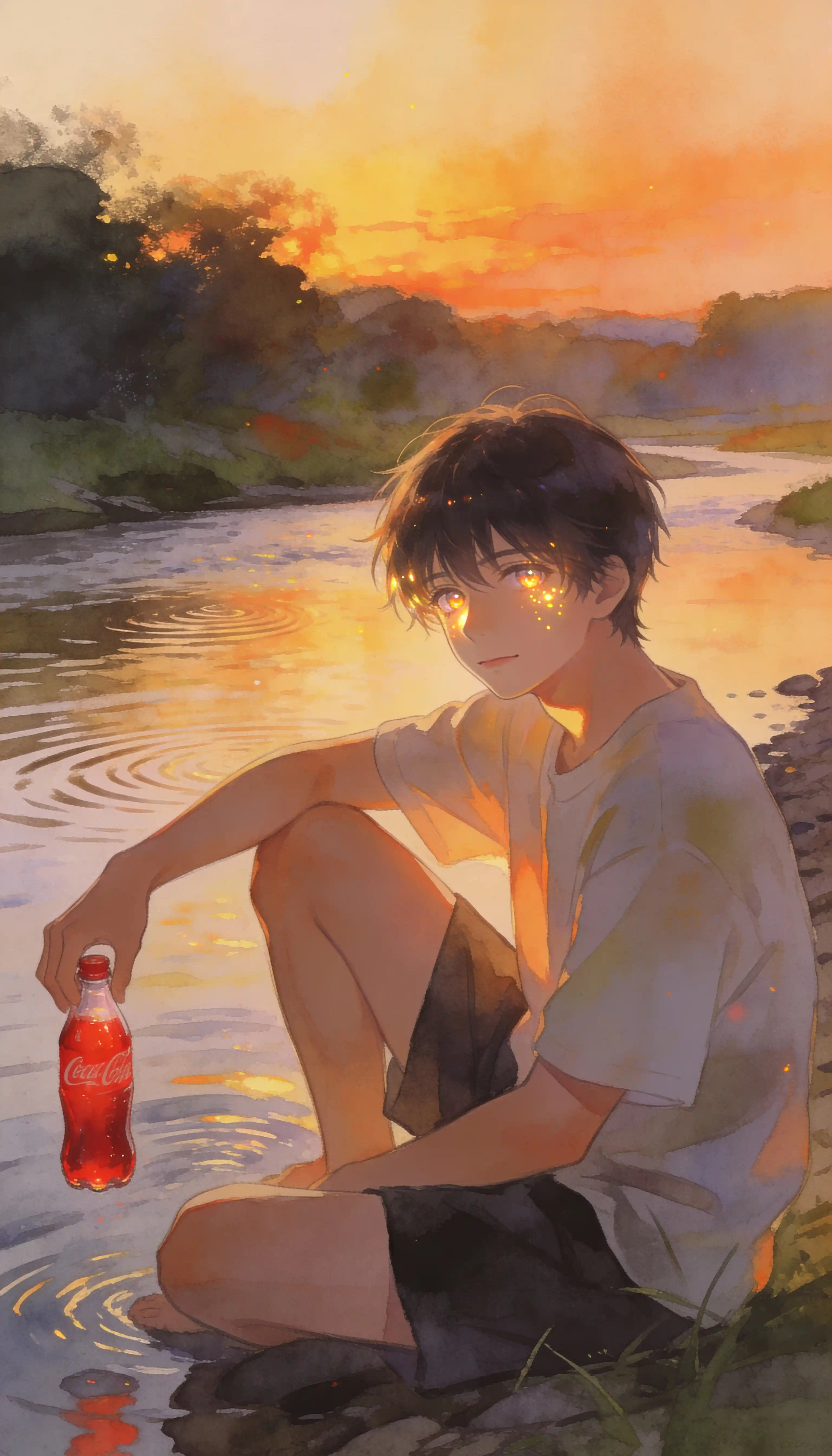 Teenage Boy Resting By A Quiet River At Summer Dusk