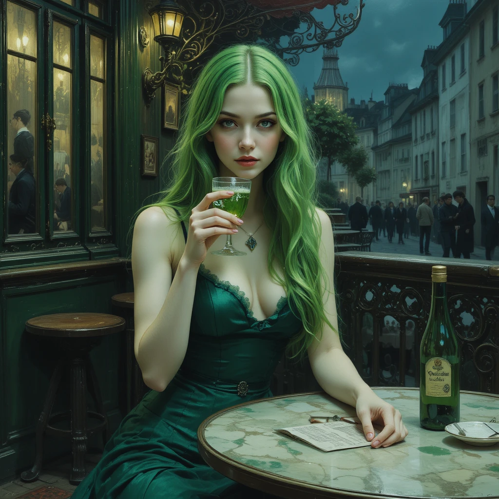 Junge Frau mit grünen Haaren trinkt Absinth in Paris