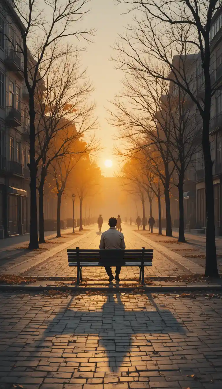 Silhouette solitaire sur un banc dans une place de ville au coucher du soleil