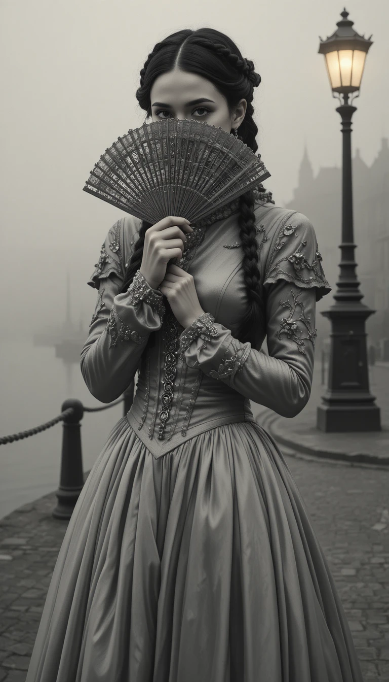 Young victorian woman in gothic dress by foggy quayside