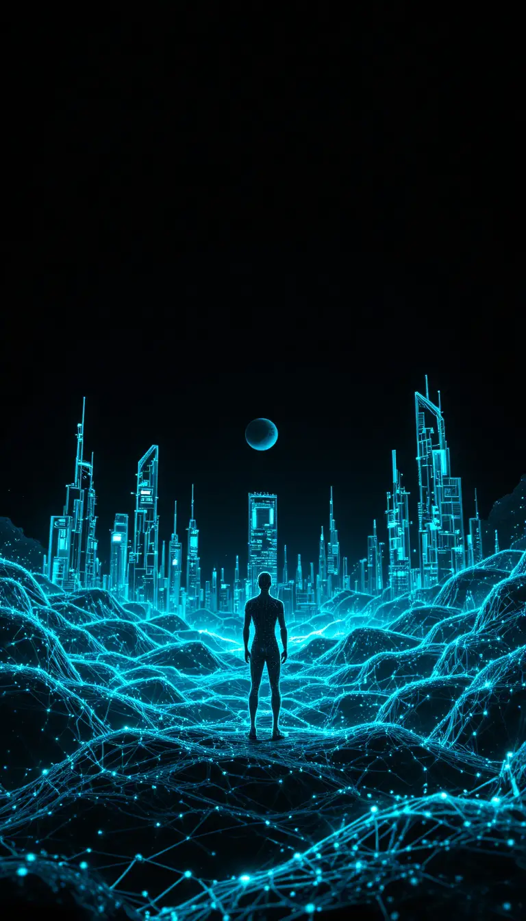 Neon wireframe humanoid in a glowing digital landscape