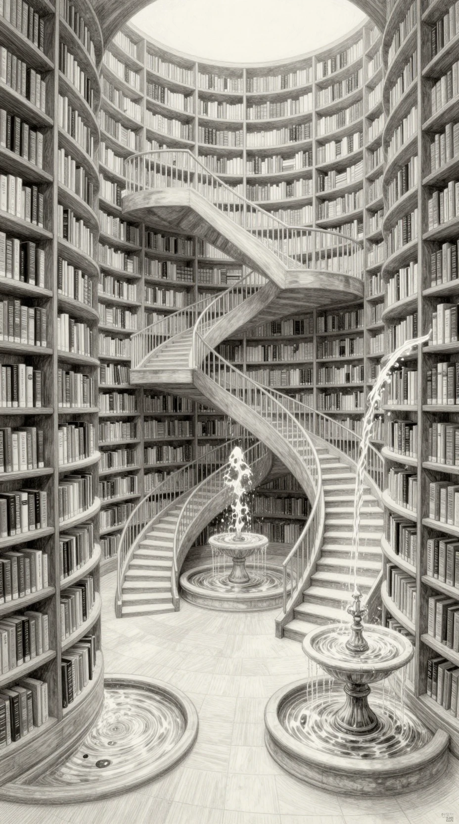 Biblioteca Infinita Surreal de Escadarias e Prateleiras Impossíveis