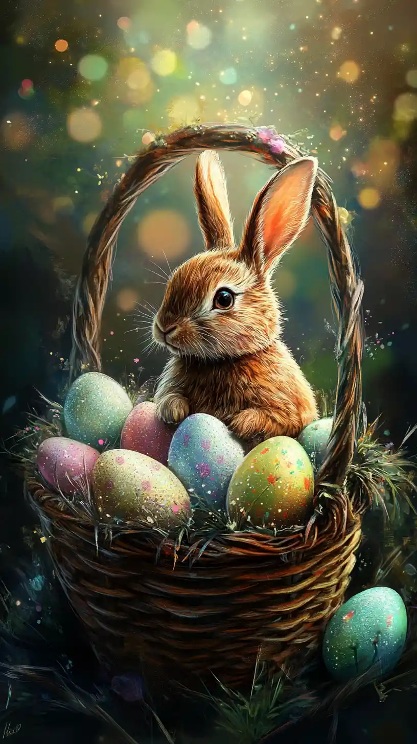 Surreal Easter eggs in a magical glowing basket illustration