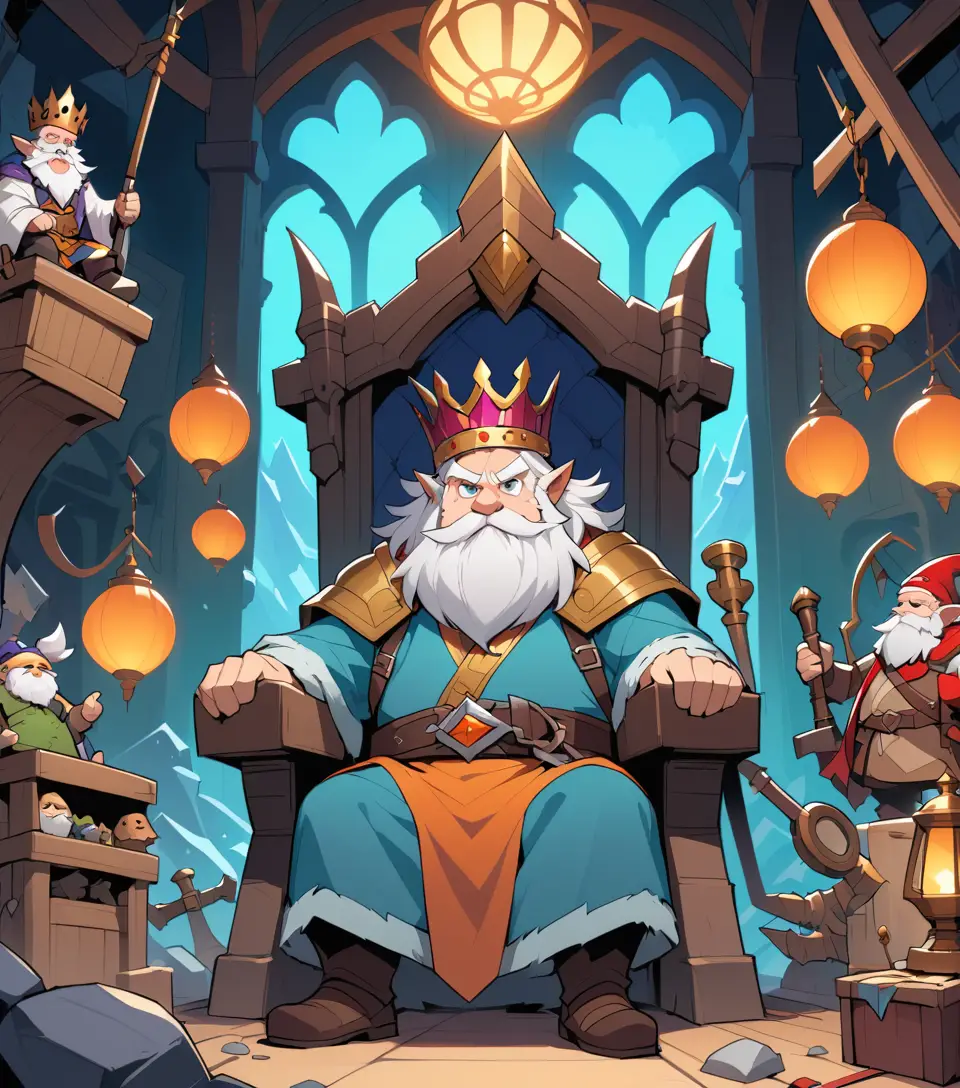 Exzentrischer Gnomkönig auf einem klapprigen Thron aus Schrott