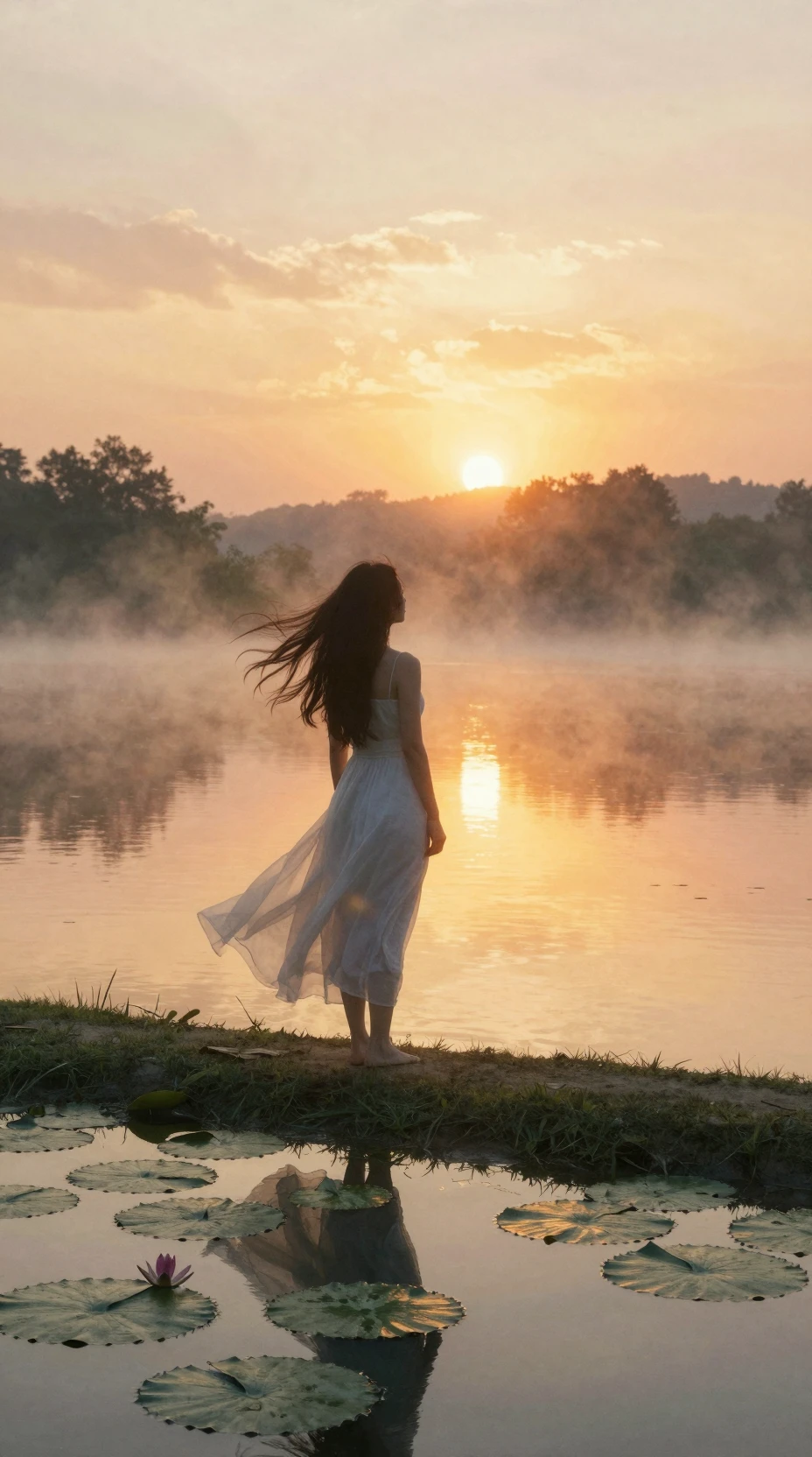 Woman at a misty lakeshore in golden sunset light