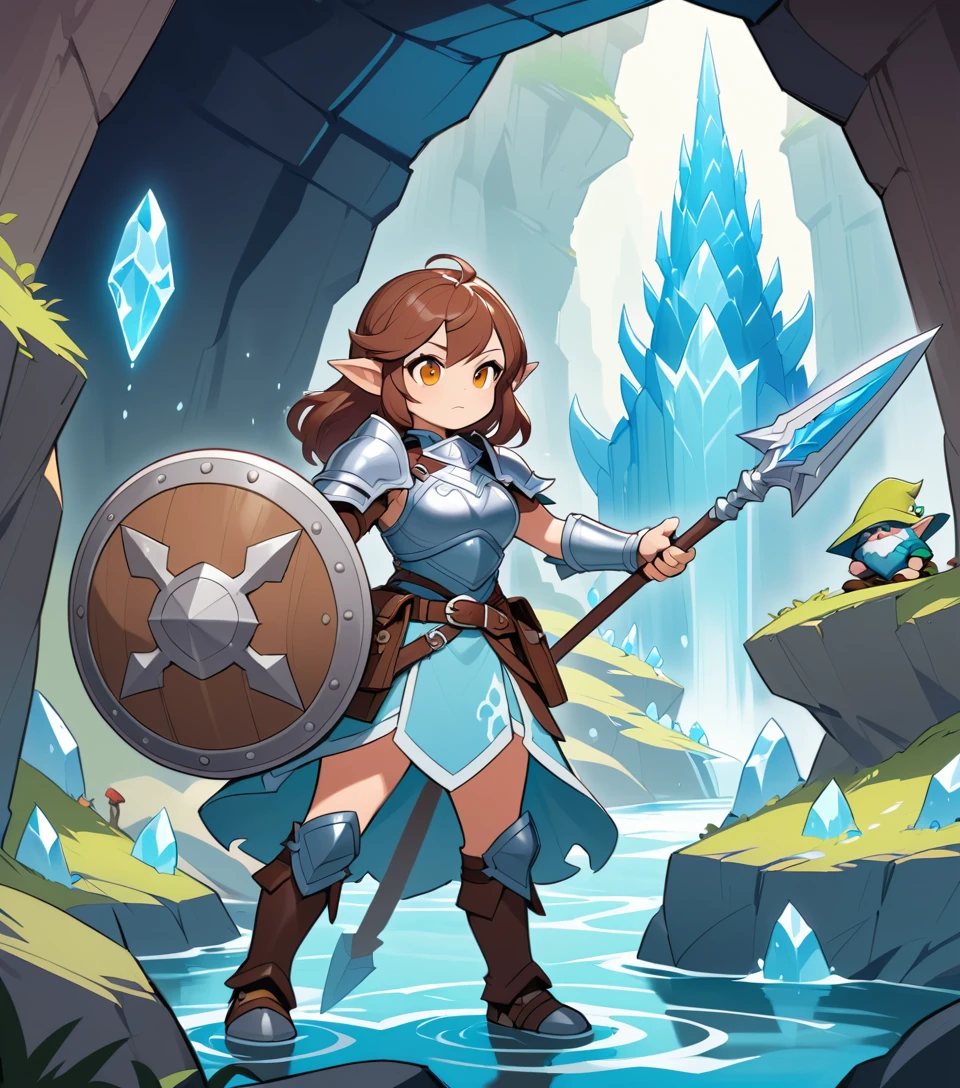 Gnome guard stands watch by a stone bridge underground